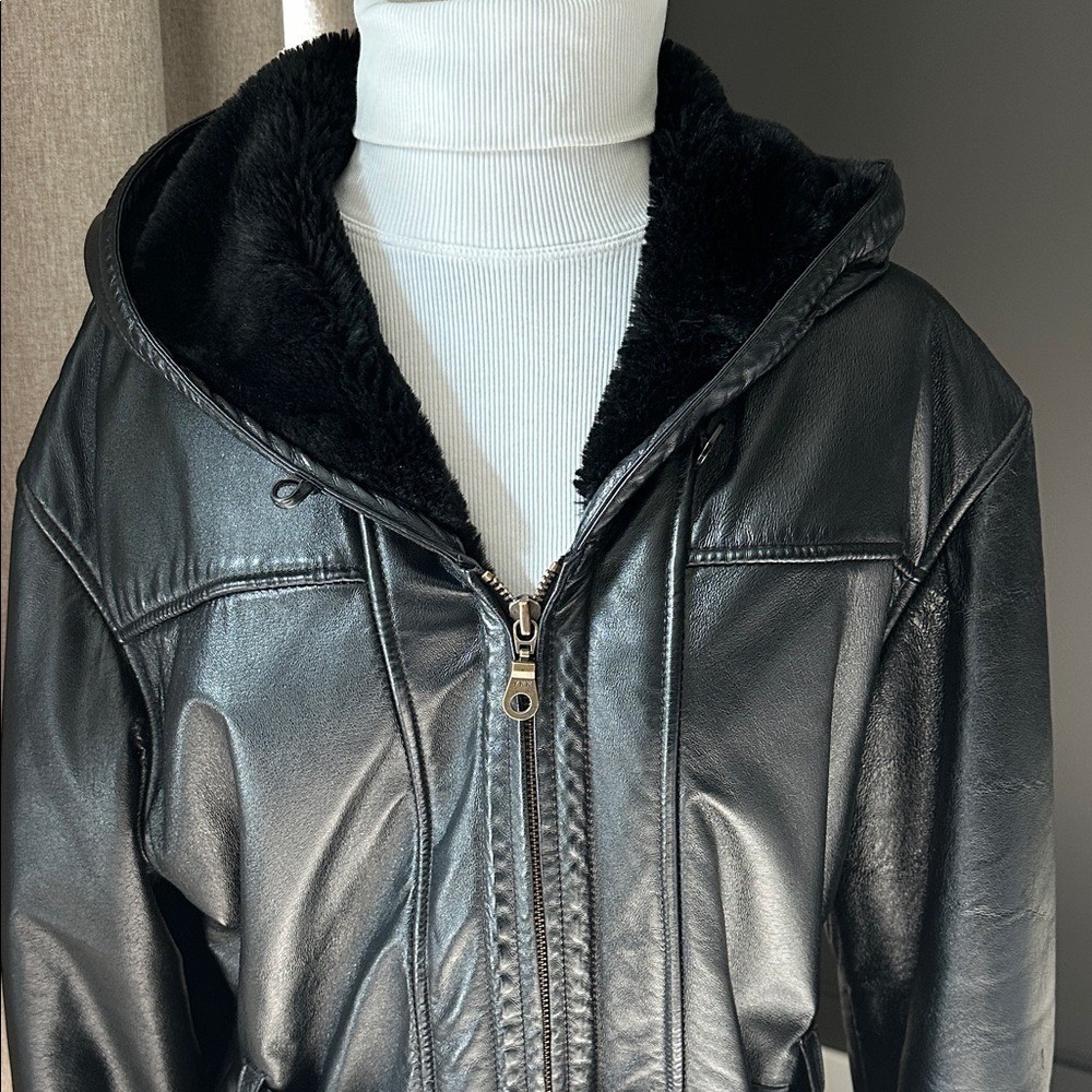 Wilsons Leather Hooded Jacket Womens Large Black Faux Fur Lined Belted Coat - Picture 9 of 13